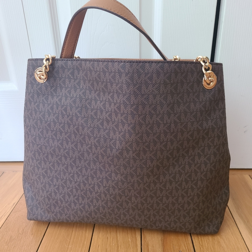 Michael Kors Chain Tote Bag – NWT Brown MK Logo Gold Hardware Shoulder Purse - Picture 2 of 12